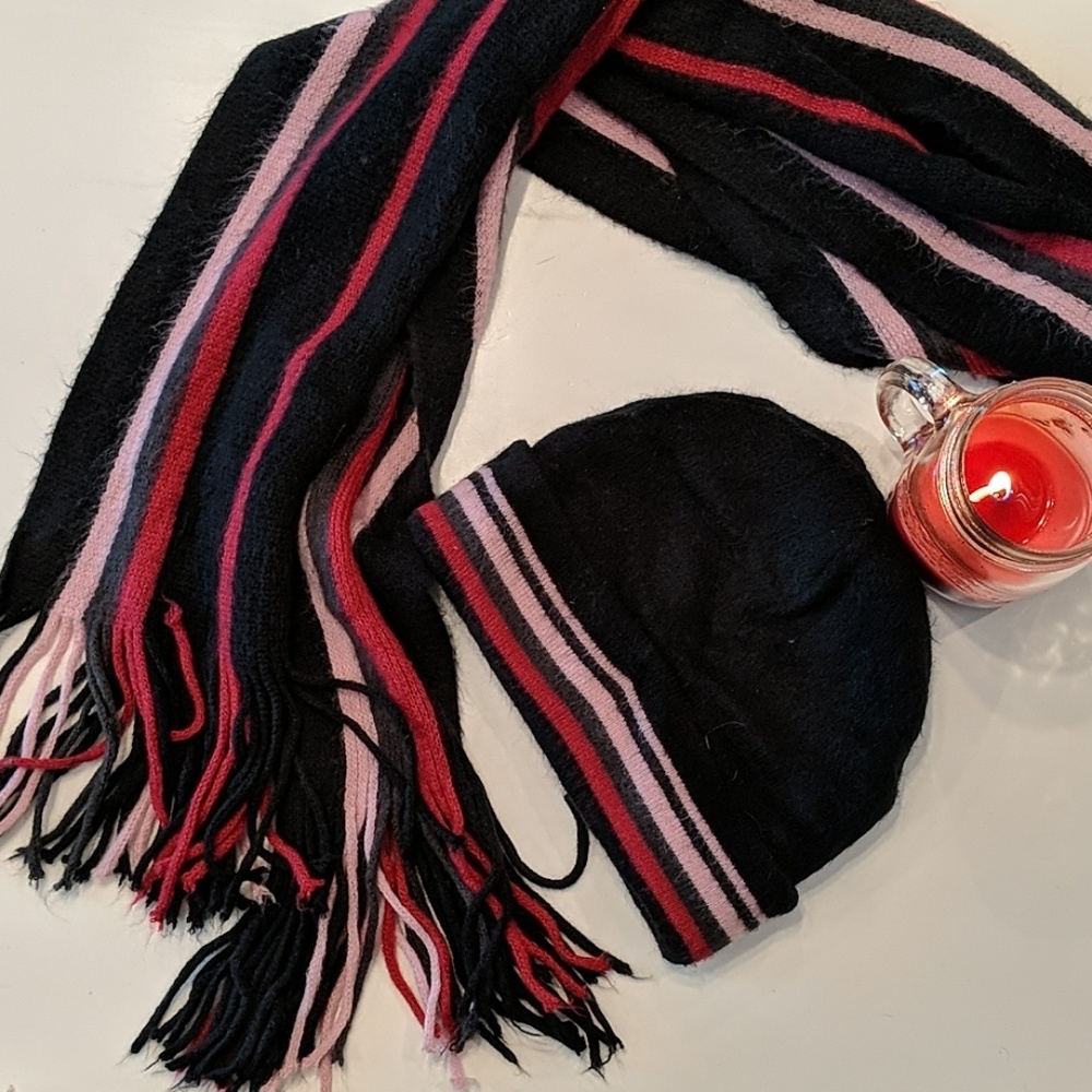 ❄️Winter Hat & Scarf Pink & Black Fleece set EUC